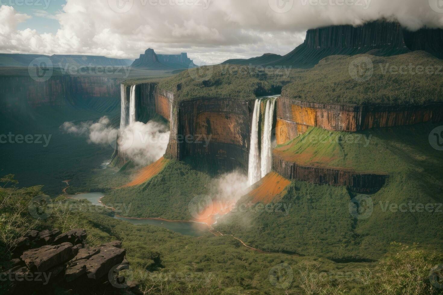 ai gerado majestoso cachoeiras em cascata cercado de exuberante falésias e vegetação generativo de ai foto