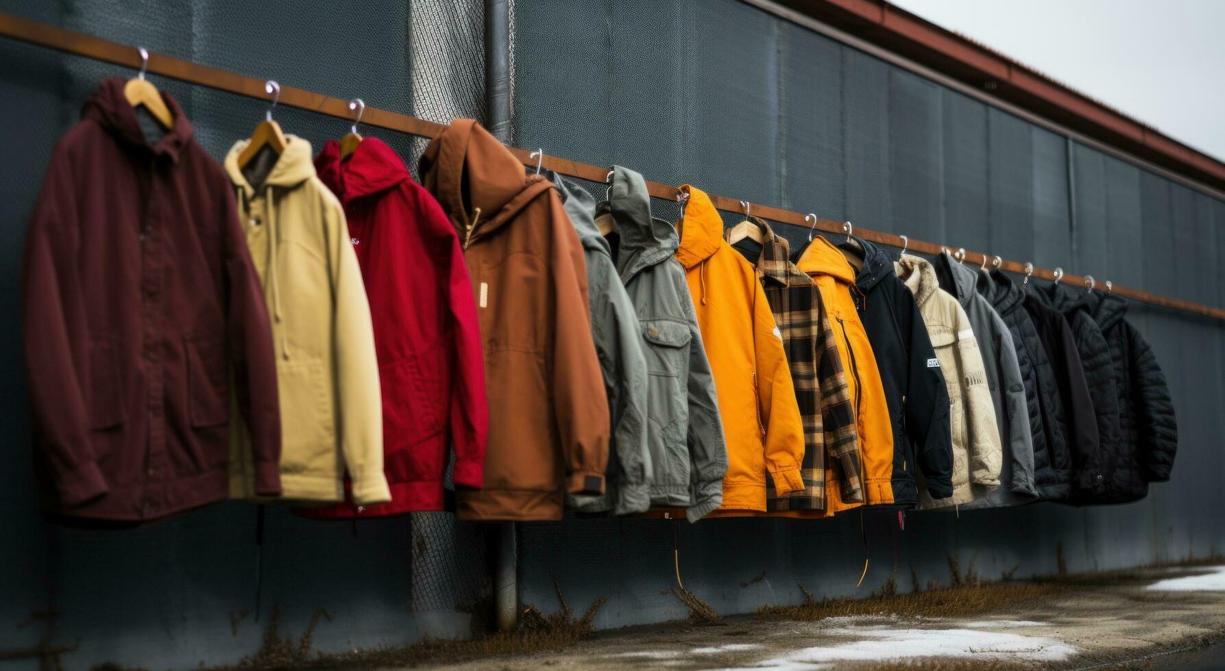 ai gerado jaquetas e casacos suspensão em uma linha ao ar livre foto