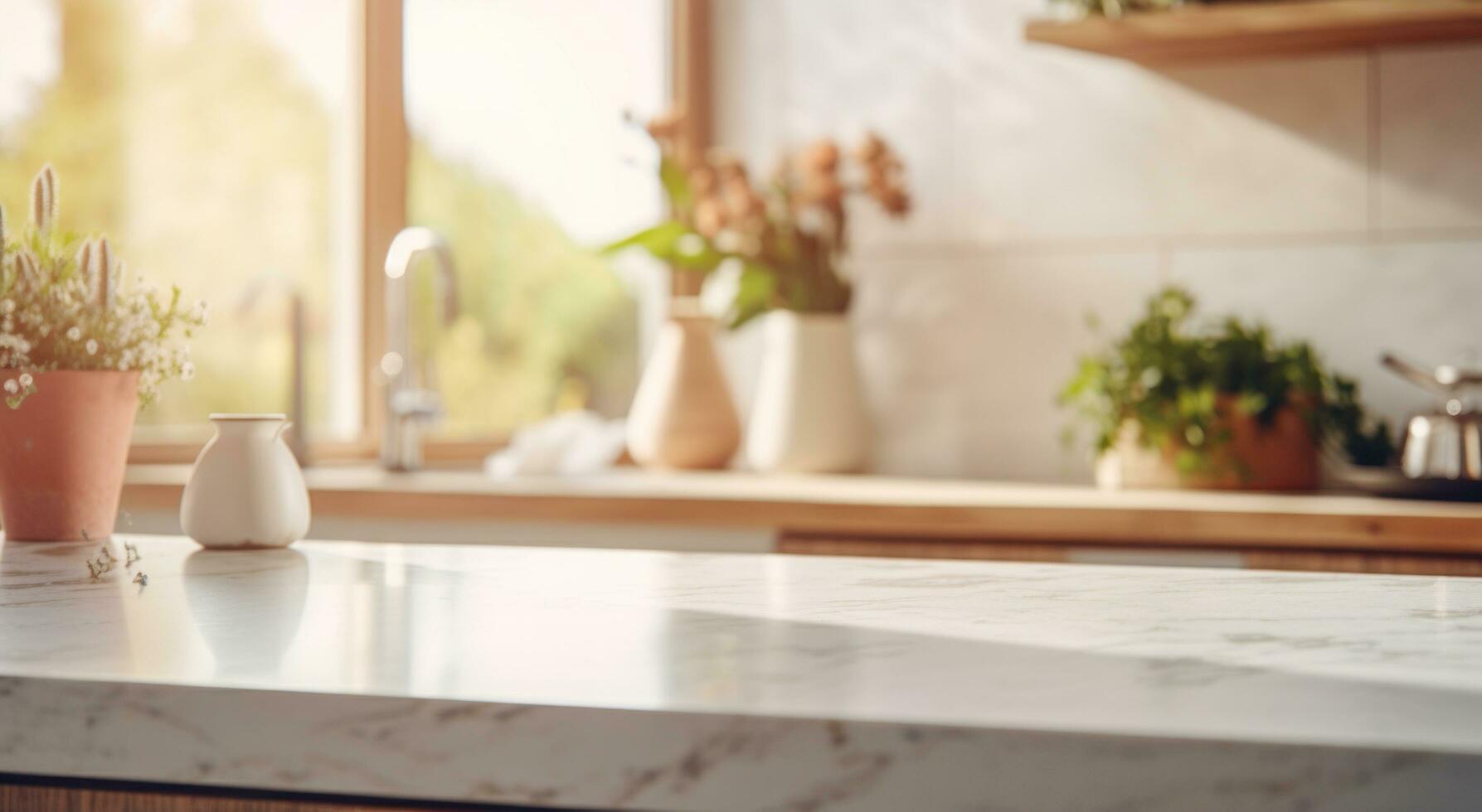 ai gerado cozinha conjunto com de madeira bancada e café mesa foto