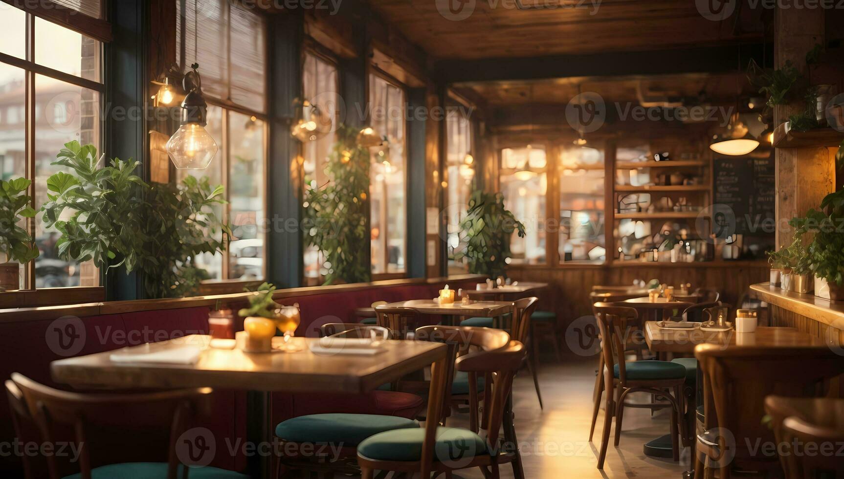 ai gerado acolhedor restaurante interior com caloroso iluminação, de madeira mobília de ampla janelas generativo de ai foto