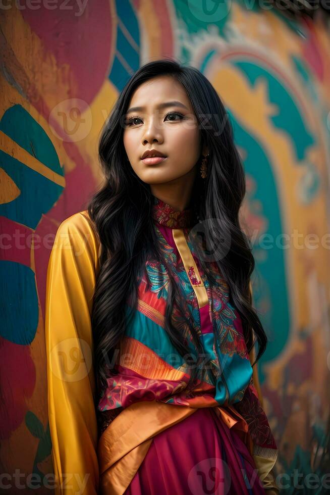 ai gerado jovem mulher dentro colorida vestuário às uma tradicional ásia mercado com festivo decorações generativo de ai foto