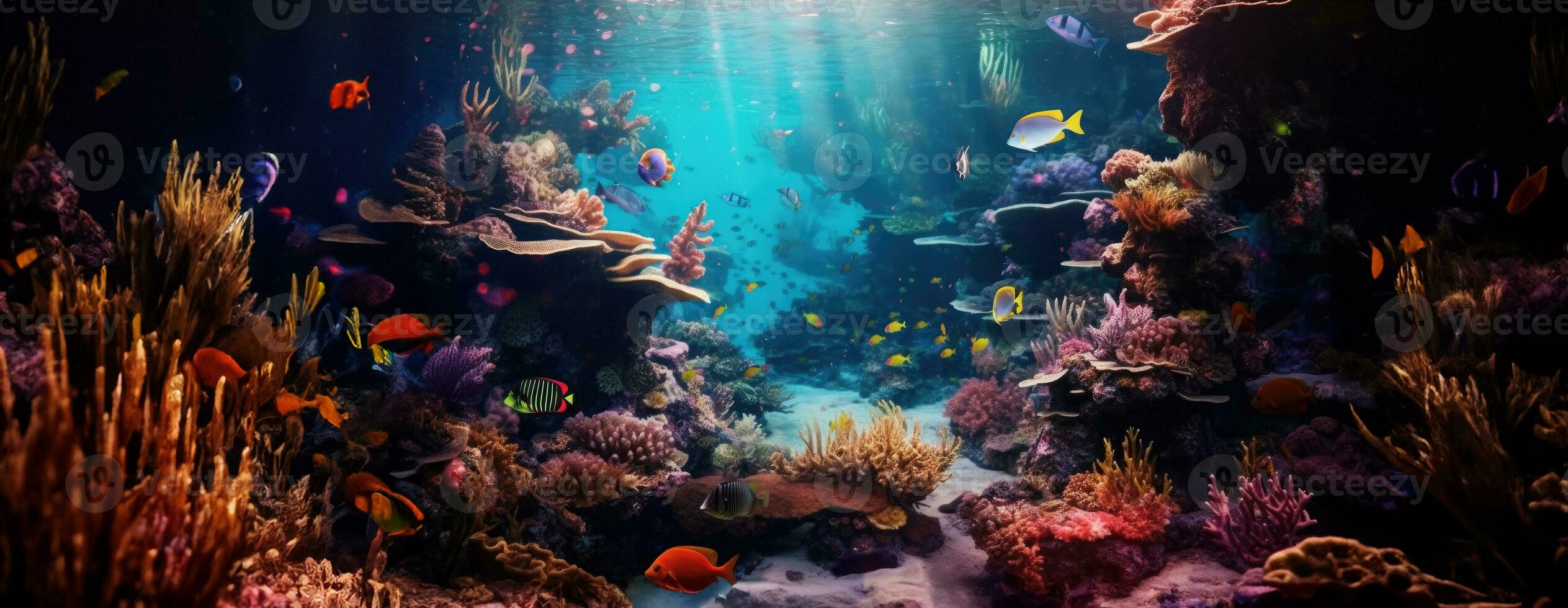 ai gerado tropical mar embaixo da agua peixes em coral recife. aquário oceanário animais selvagens colorida marinho panorama panorama natureza snorkel mergulhando. ai generativo. foto