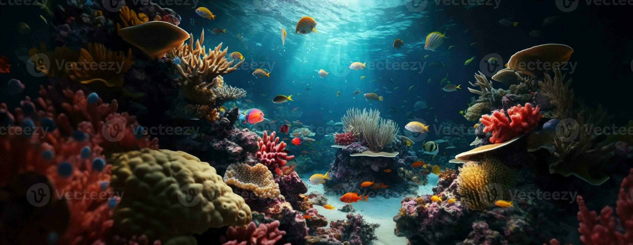 ai gerado tropical mar embaixo da agua peixes em coral recife. aquário oceanário animais selvagens colorida marinho panorama panorama natureza snorkel mergulhando. ai generativo. foto