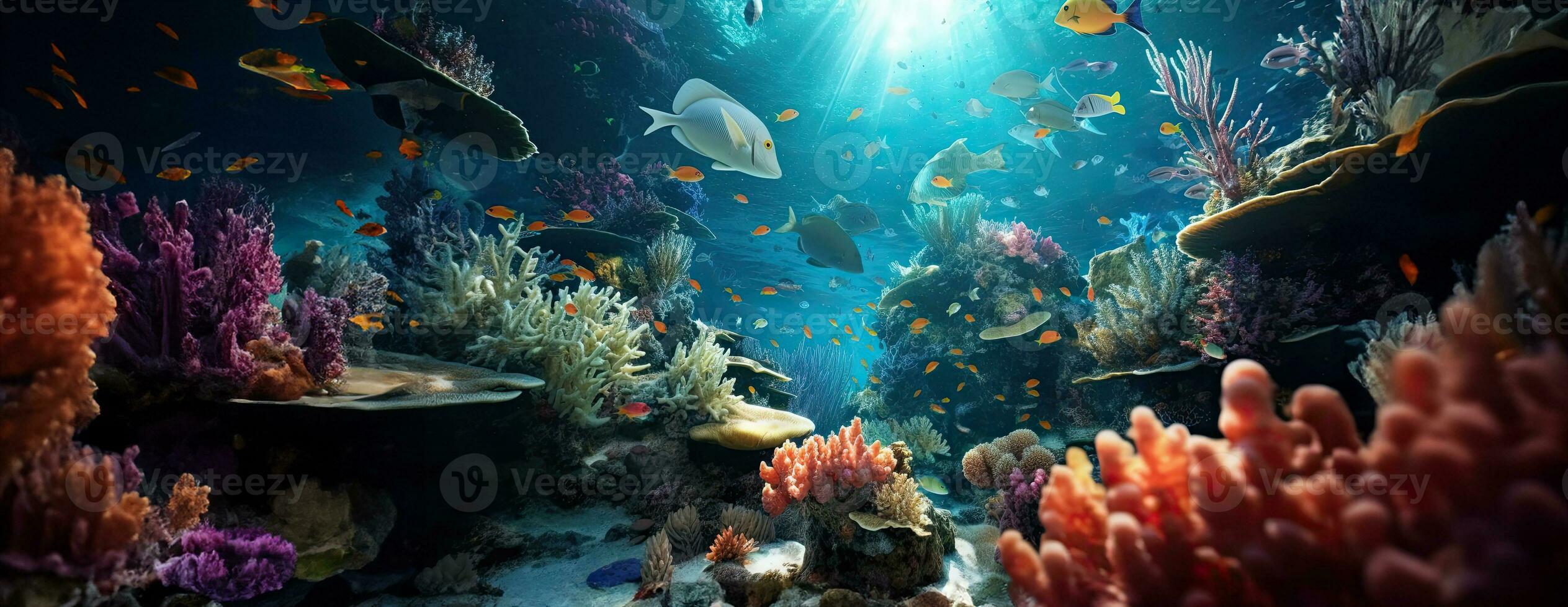 ai gerado tropical mar embaixo da agua peixes em coral recife. aquário oceanário animais selvagens colorida marinho panorama panorama natureza snorkel mergulhando. ai generativo. foto