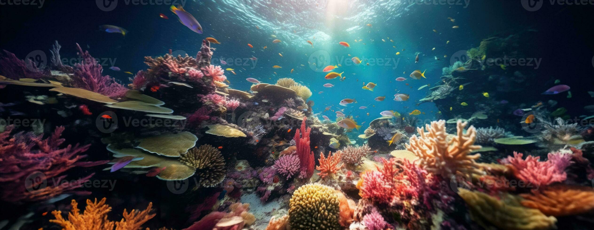 ai gerado tropical mar embaixo da agua peixes em coral recife. aquário oceanário animais selvagens colorida marinho panorama panorama natureza snorkel mergulhando. ai generativo. foto