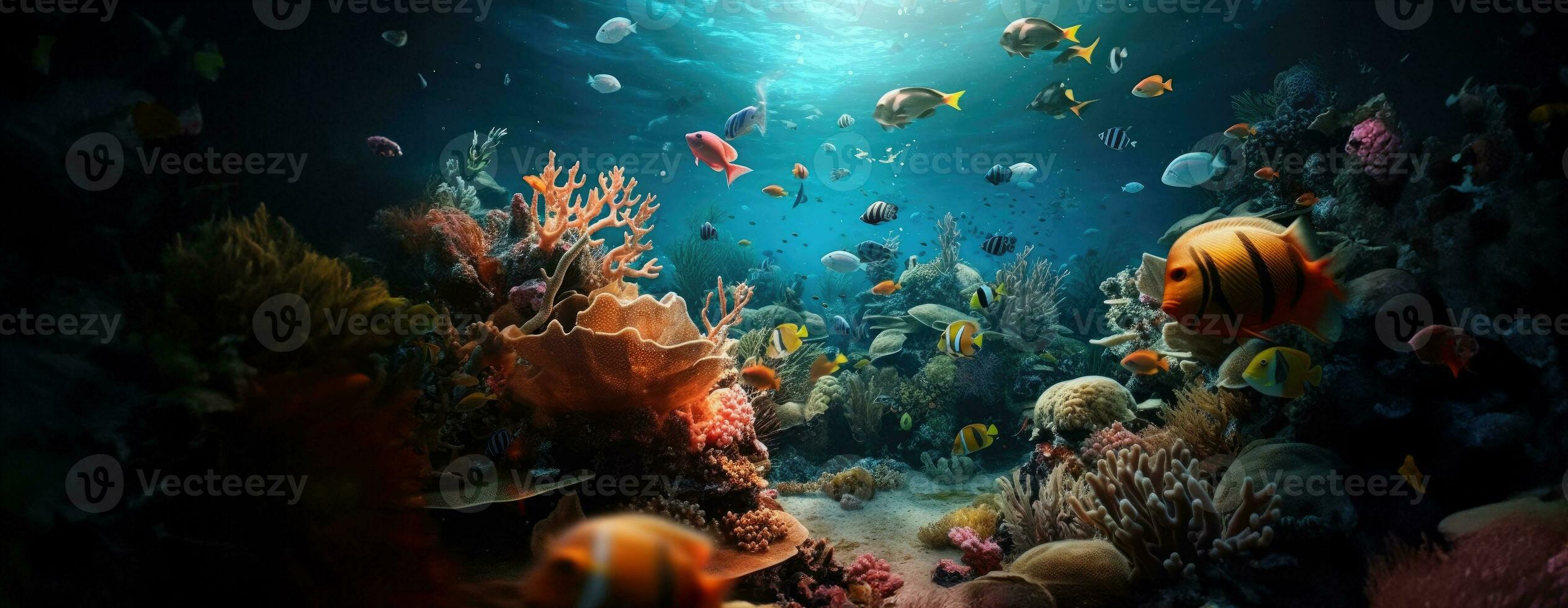 ai gerado tropical mar embaixo da agua peixes em coral recife. aquário oceanário animais selvagens colorida marinho panorama panorama natureza snorkel mergulhando. ai generativo. foto