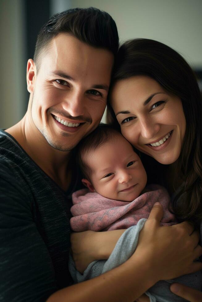 ai gerado uma feliz casal segurando seus recém-nascido bebê, simbolizando a alegria do acolhedor uma Novo criança foto