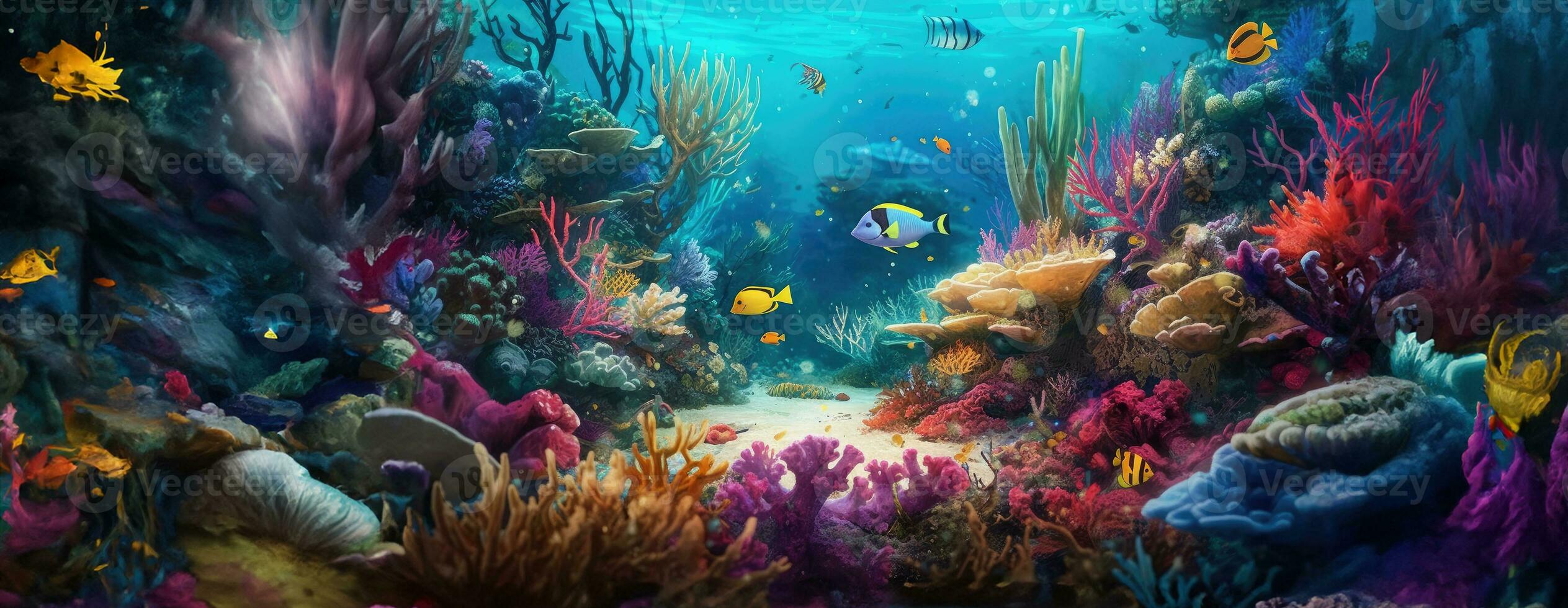ai gerado tropical mar embaixo da agua peixes em coral recife. aquário oceanário animais selvagens colorida marinho panorama panorama natureza snorkel mergulhando. ai generativo. foto