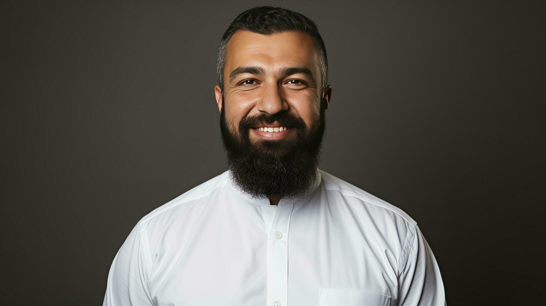 ai gerado muçulmano homem com uma barba e branco camisa contra uma Sombrio fundo foto