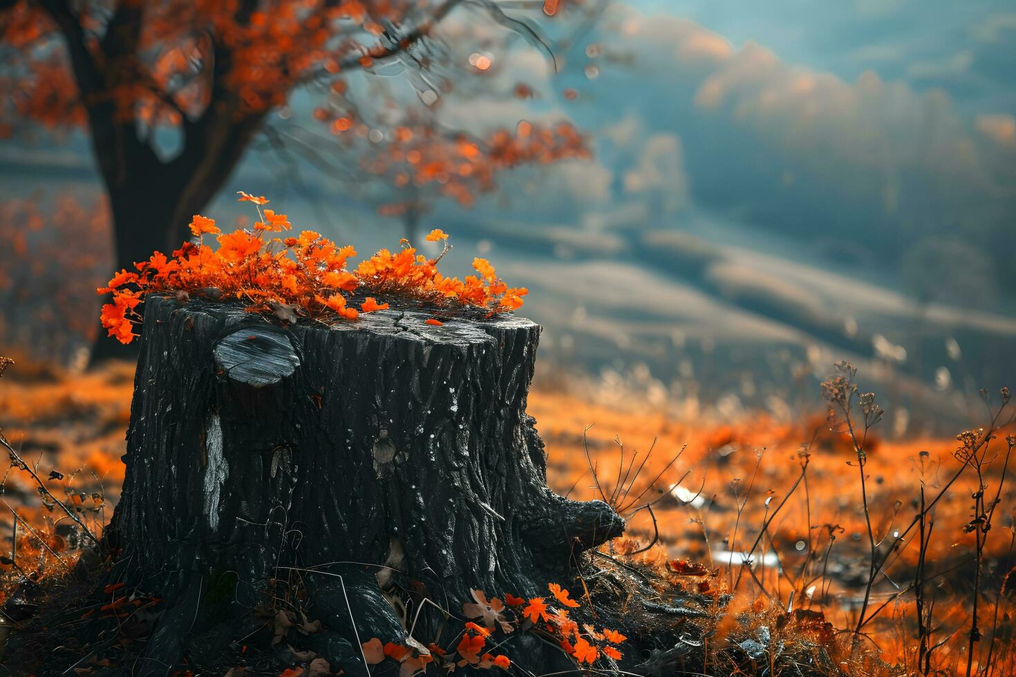 ai gerado lindo outono panorama com uma árvore toco e brilhante laranja folhas foto
