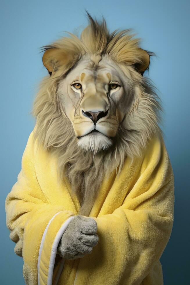 ai gerado retrato do uma leão vestido dentro uma roupão de banho em pastel fundo foto