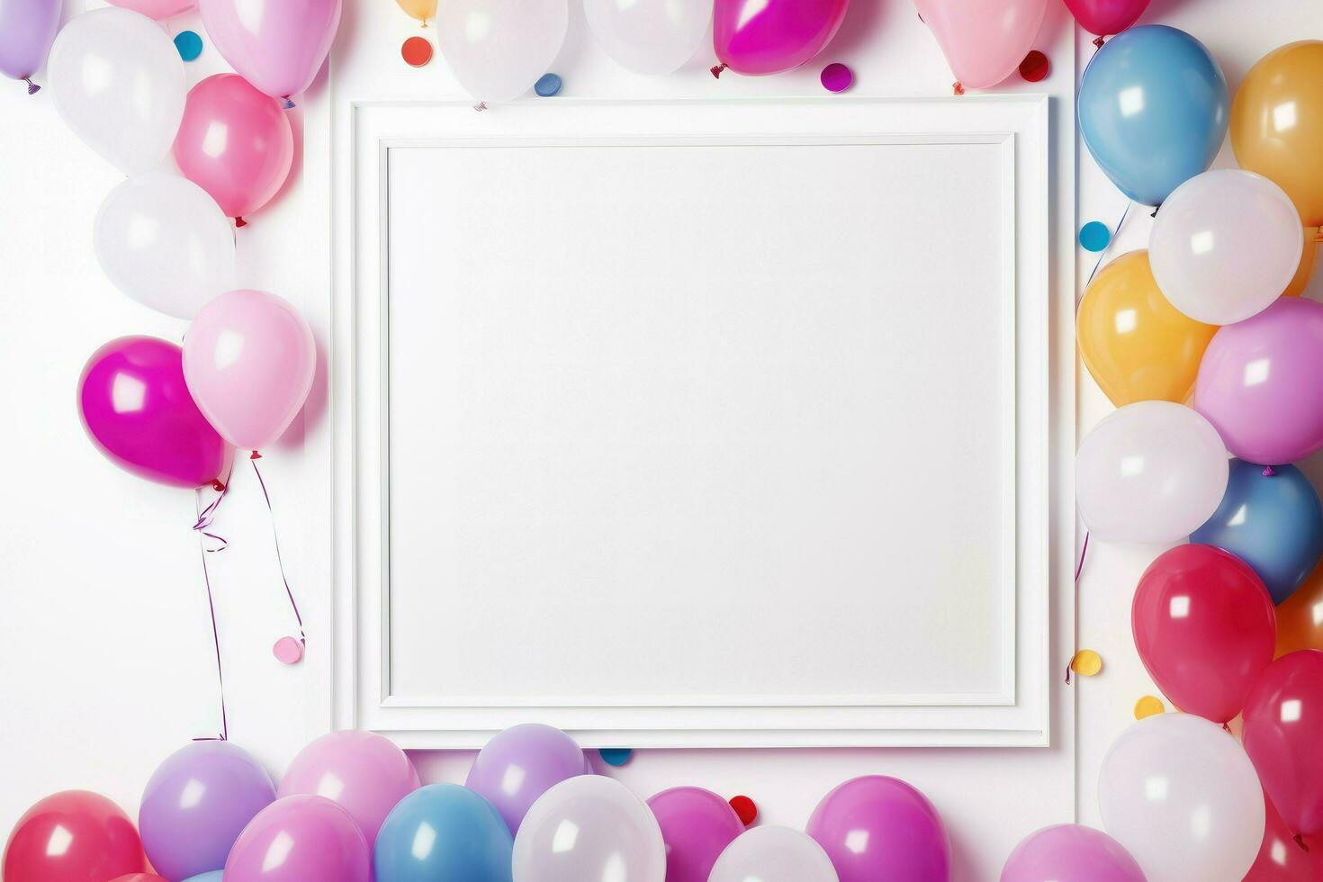 ai gerado aniversário quadro, Armação com cor balões com brilhos, em branco quadro, Armação decoração com balão , ai gerado foto