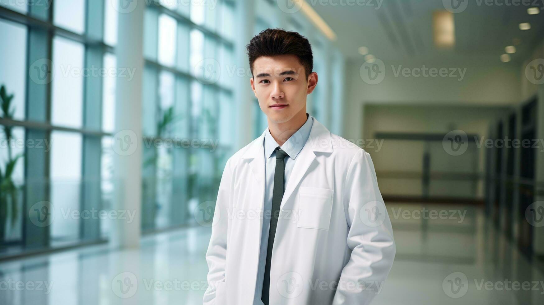 ai gerado masculino médico vestindo bata de laboratório em pé e sorridente foto