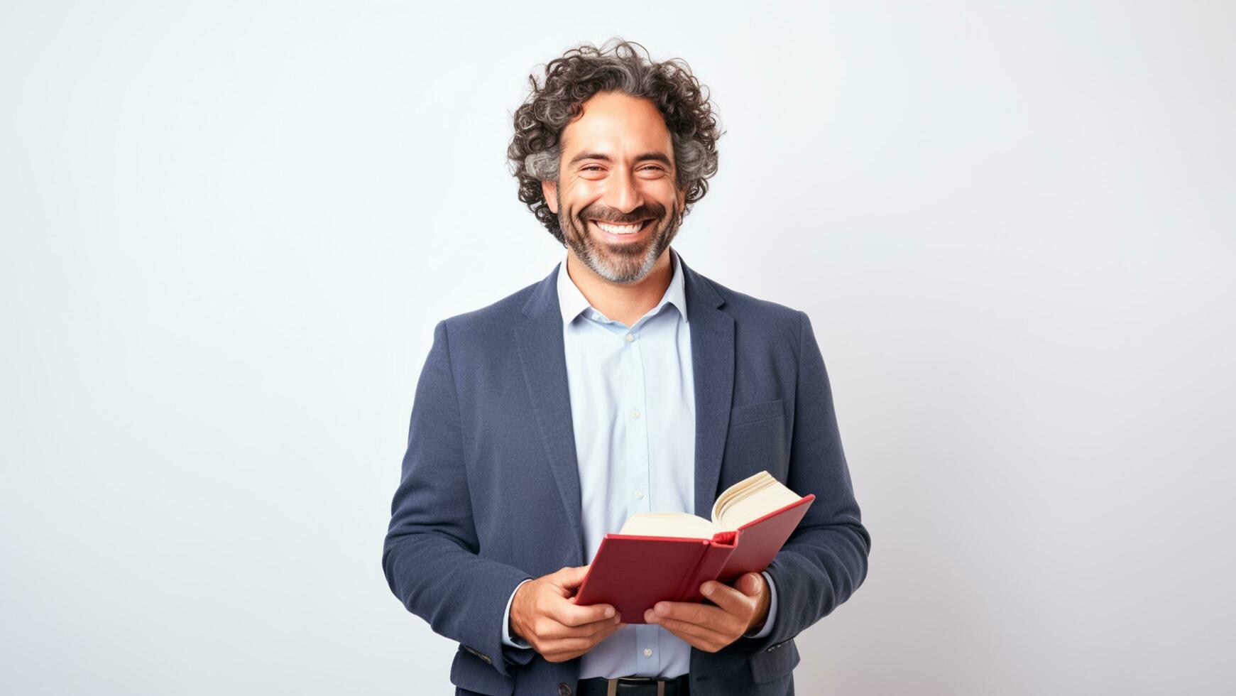 ai gerado retrato do bonito idosos homem de negocios vestindo terno segurando livro em cinzento fundo .ai gerado foto