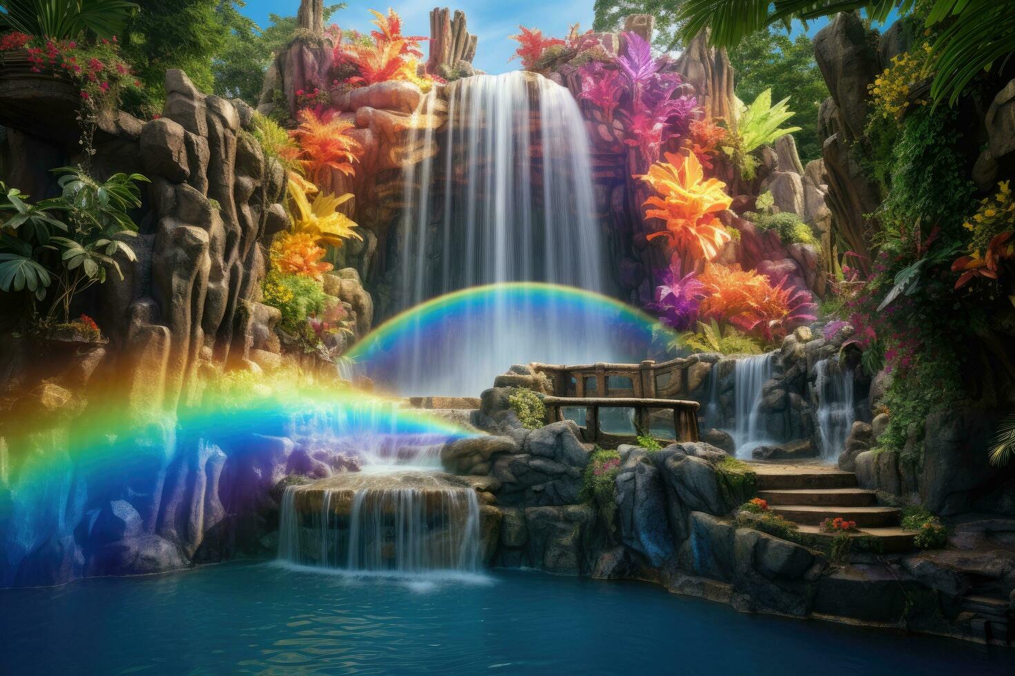 ai gerado arco Iris e cascata dentro a tropical jardim. 3d Renderização, uma mágico arco Iris cascata derramando baixa para dentro uma brilhante cristal piscina, ai gerado foto