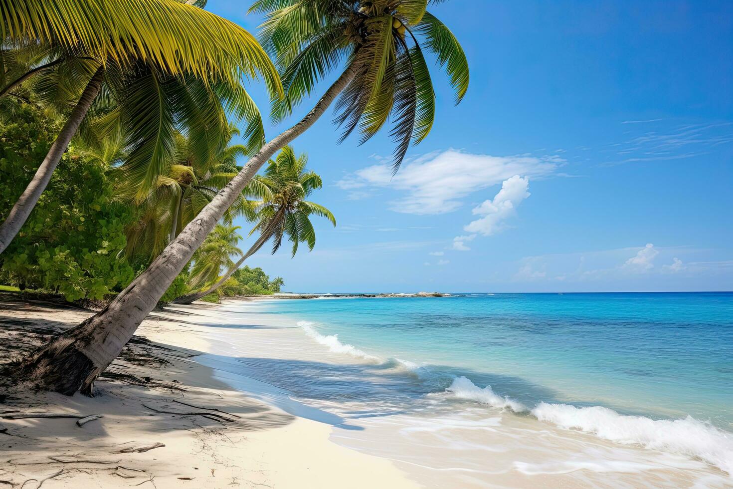 ai gerado tropical de praia com Palma árvores e branco areia, Seychelles, ai gerado foto