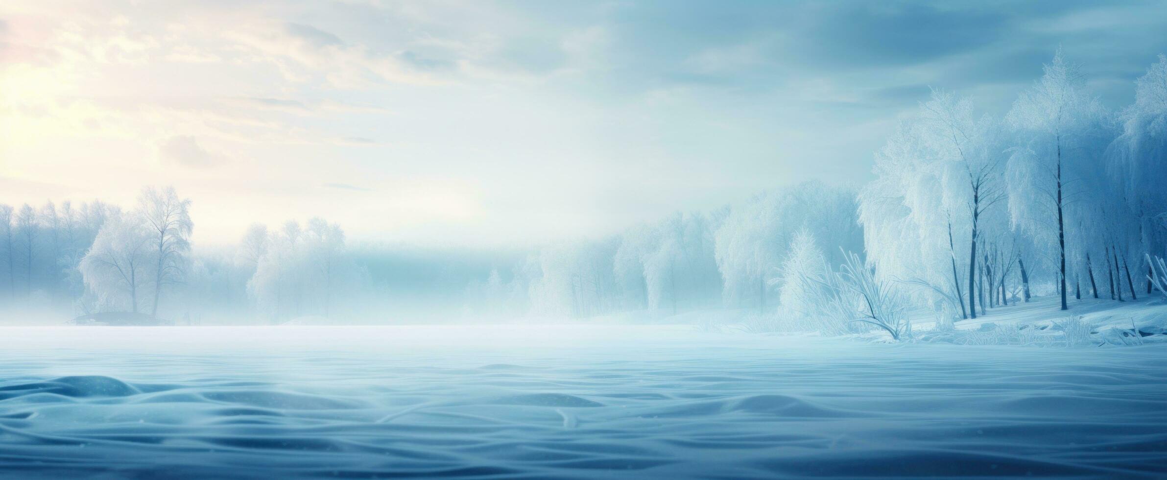 ai gerado uma inverno panorama com azul névoa queda em neve, foto