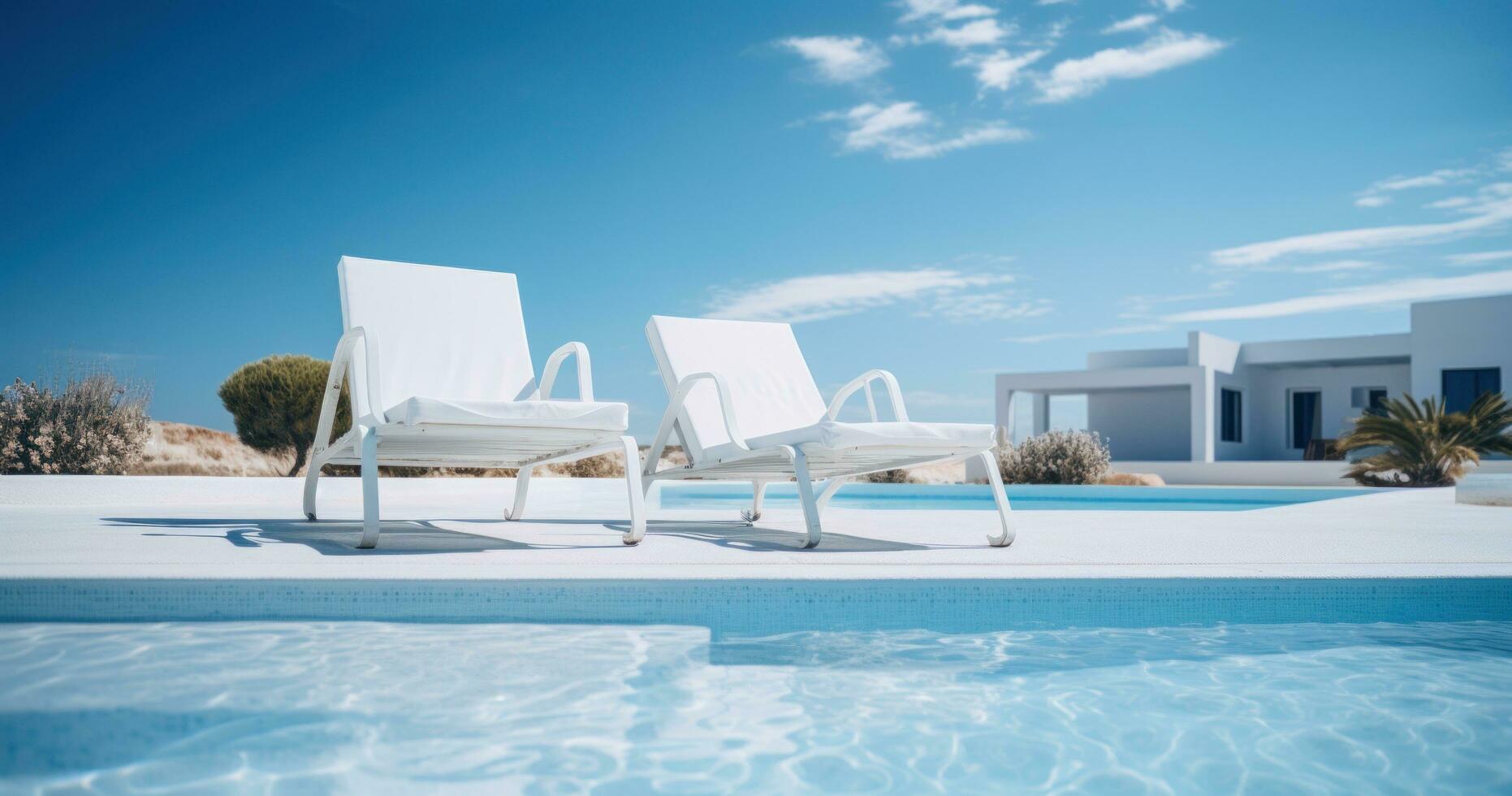 ai gerado uma branco piscina e alguns cadeiras lado de fora com uma azul céu, foto