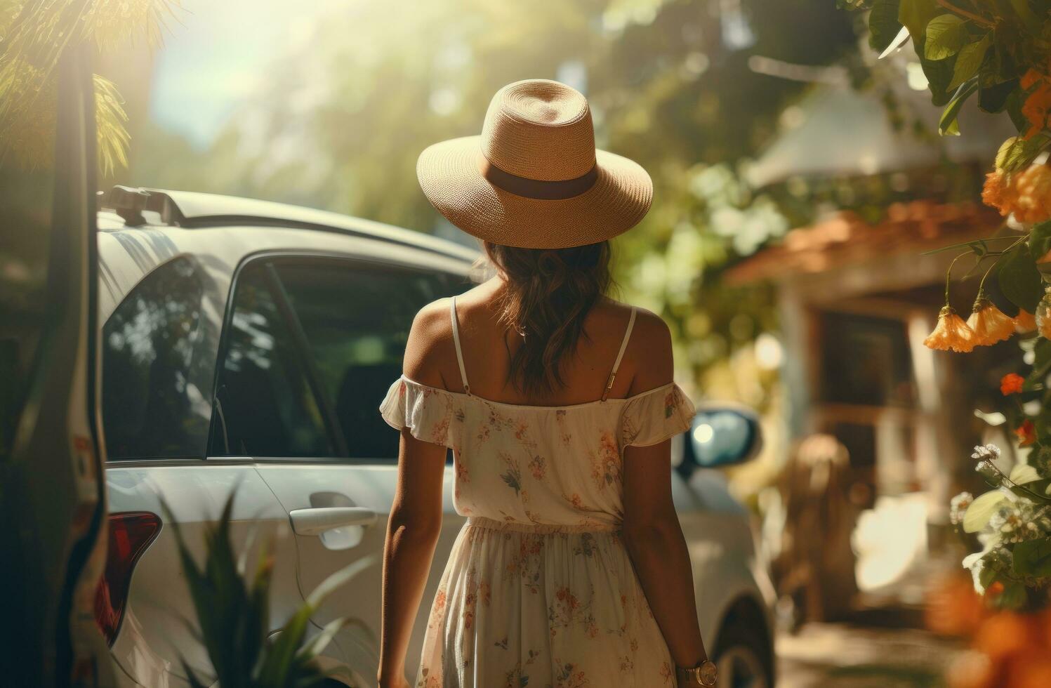 ai gerado mulher abre tronco do carro dentro verão, foto