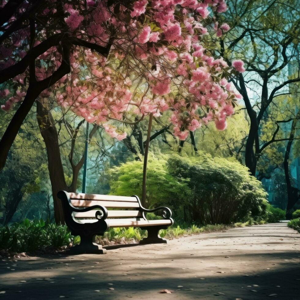 ai gerado uma pacífico imagem do uma solitário parque Banco aninhado entre florescendo árvores e exuberante vegetação, foto