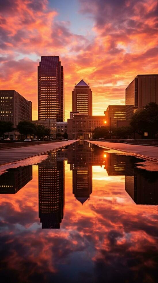 ai gerado uma tirar o fôlego foto do uma cidade Horizonte às pôr do sol, com caloroso Primavera cores pintura a céu