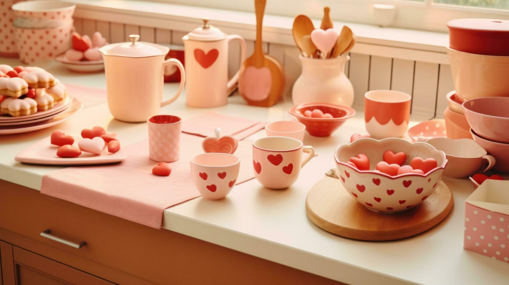 ai gerado uma cozinha decorado com em forma de coração bolacha cortadores, vermelho e Rosa utensílios, foto