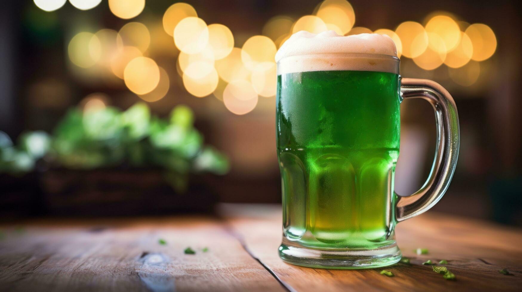 ai gerado uma festivo st. patrick's dia imagem com uma verde Cerveja caneca e uma trevo em uma de madeira mesa foto