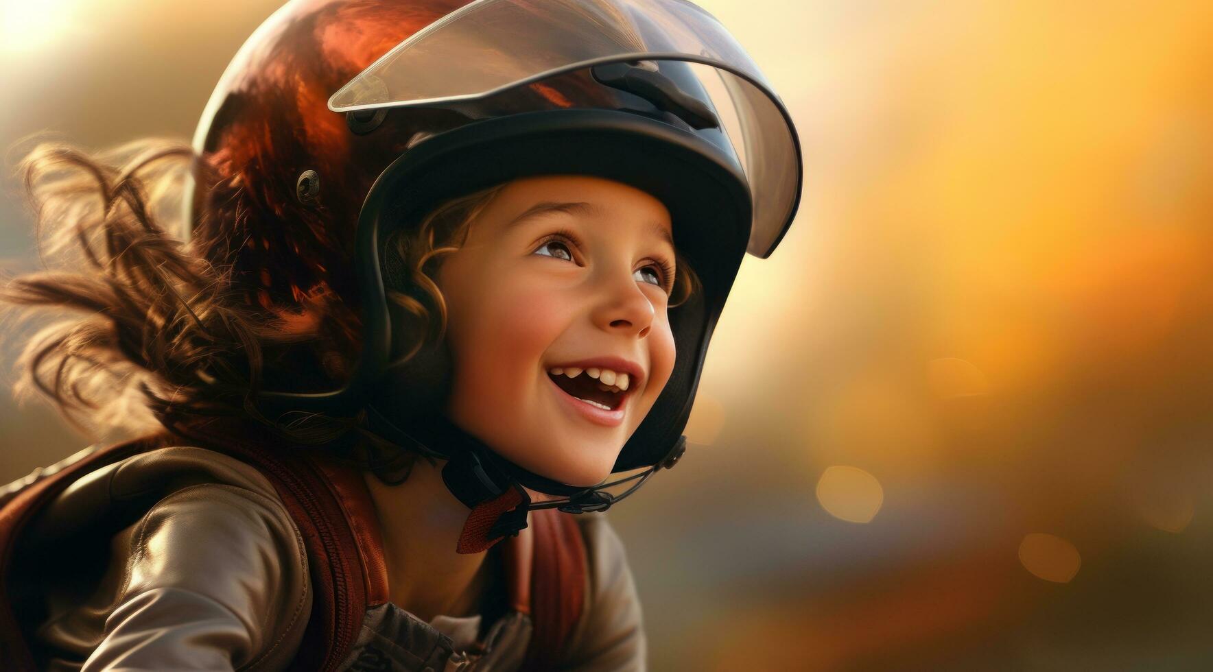 ai gerado uma criança vestindo uma capacete em uma bicicleta enquanto ela sorridente, foto