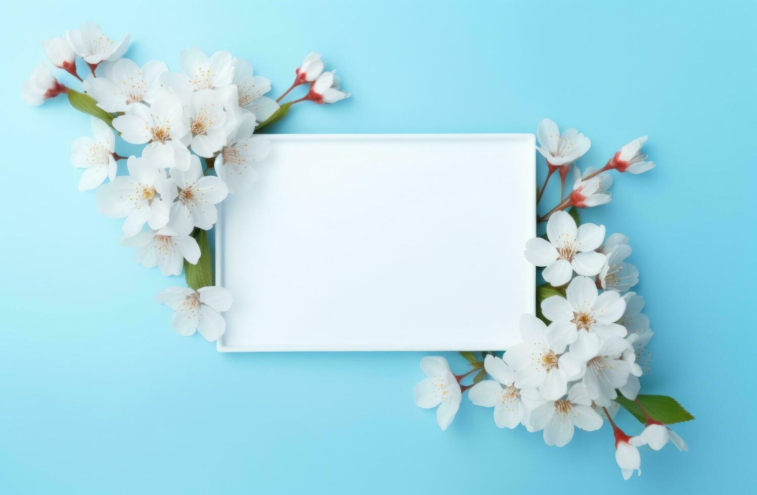 ai gerado uma retângulo quadro, Armação com delicado branco flor lays em uma azul mesa, foto