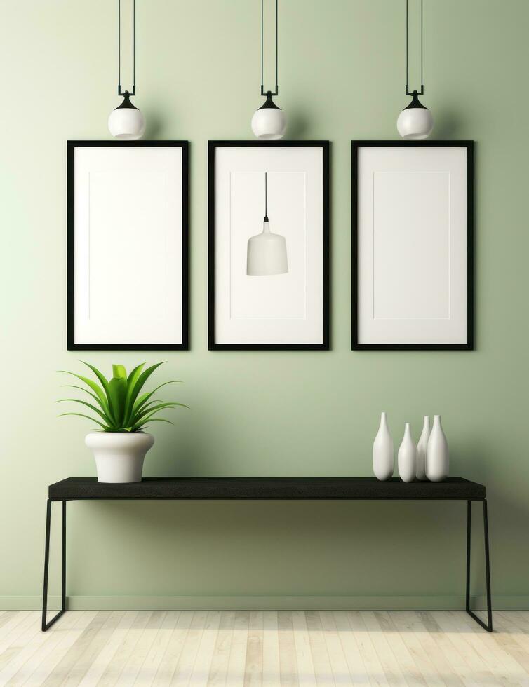 ai gerado moderno Preto e branco quarto com branco quadros, foto