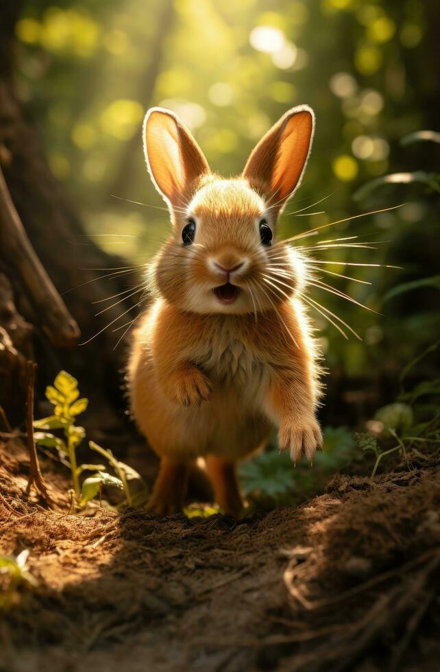 ai gerado uma fofa Coelho é corrida através a madeiras dentro a luz solar foto