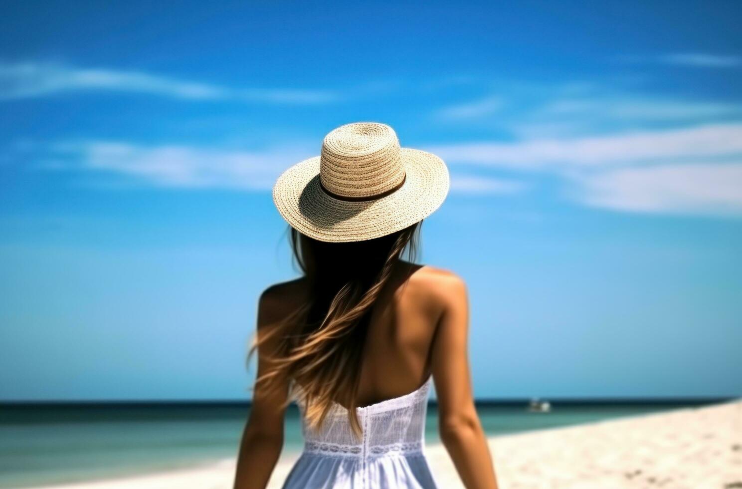 ai gerado fêmea modelo dentro quente em de praia com branco chapéu de praia vestem foto