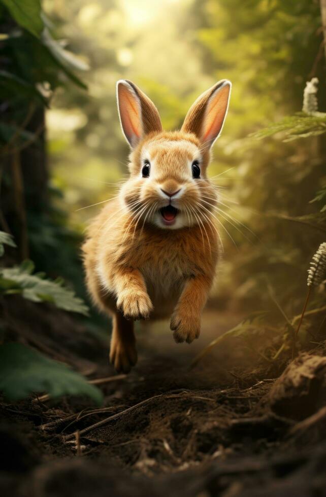 ai gerado foto do adorável Coelho corrida através madeiras