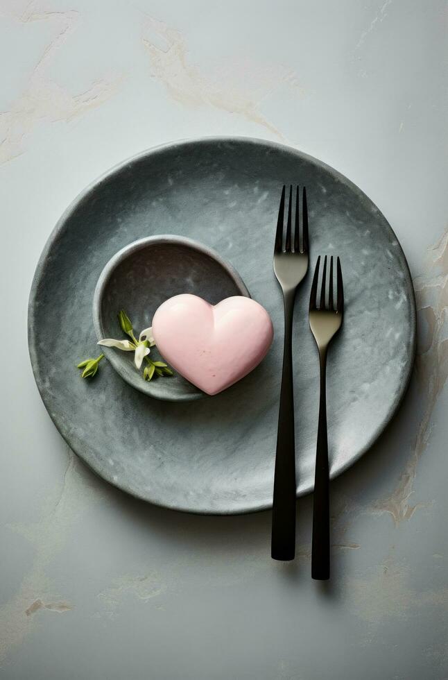 ai gerado uma Rosa prato com uma coração em forma garfo e colher em isto foto