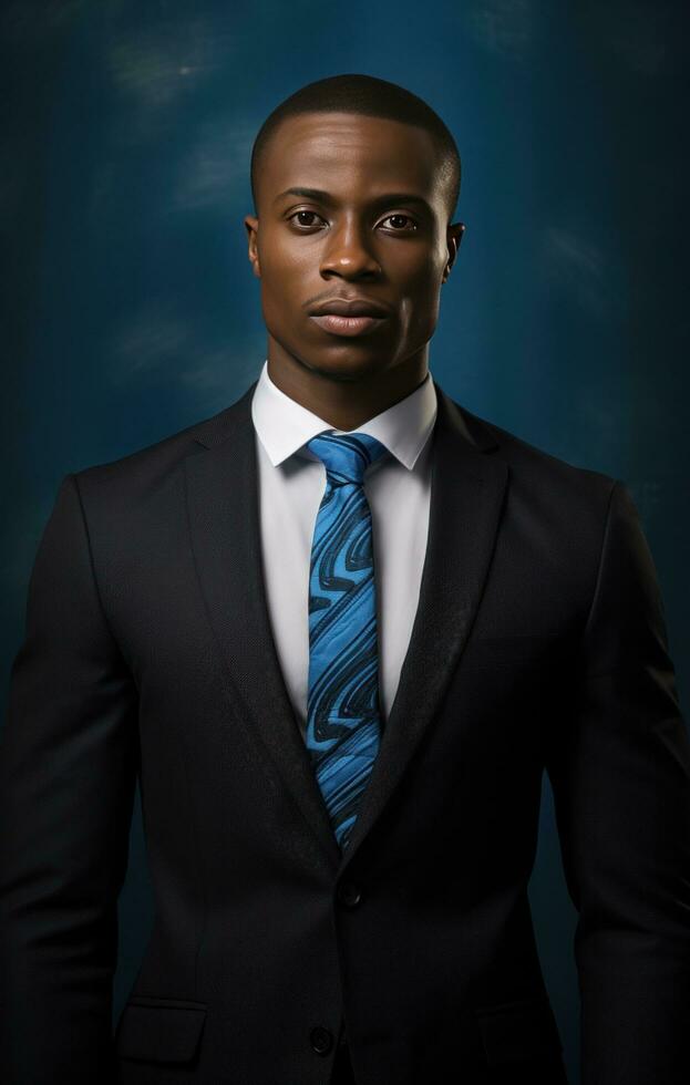ai gerado homem de negocios a partir de porta Harcourt, Nigéria, em pé dentro Preto terno e azul gravata, foto