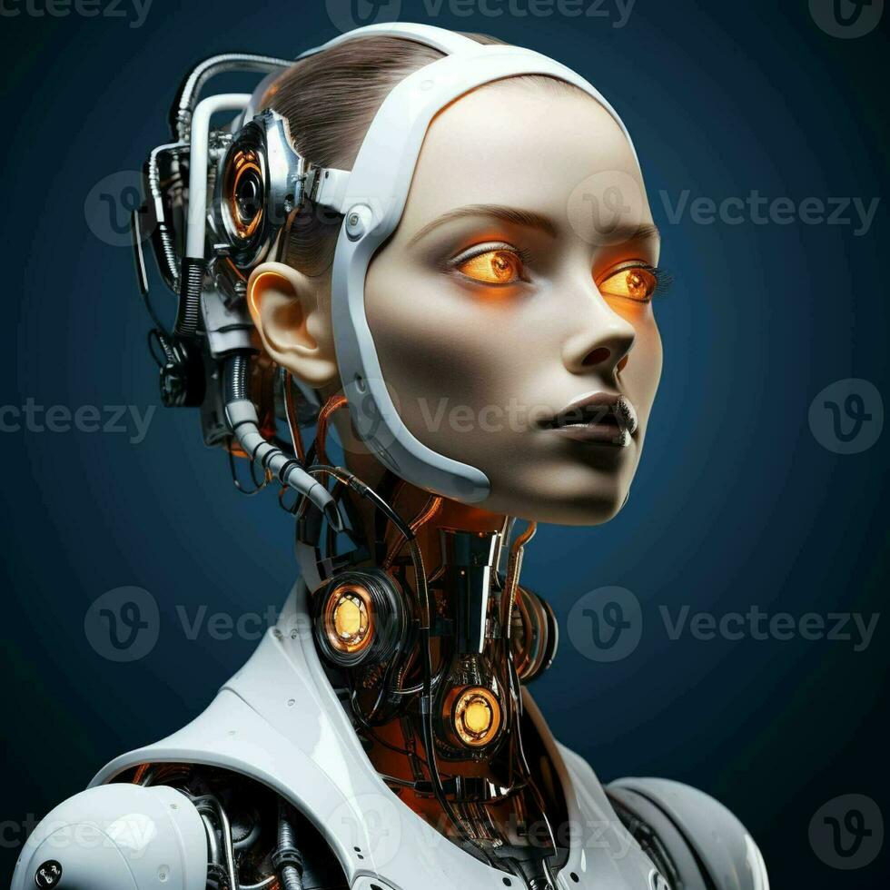 ai gerado 3d Renderização robô. 3d Renderização cabeça retrato do uma robô mulher. robô ou cyborg mulher em Sombrio fundo. artificial inteligência conceito. foto