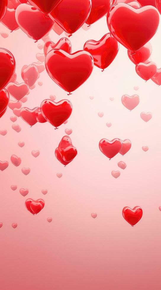 ai gerado vermelho coração balões queda contra uma vermelho pano de fundo foto