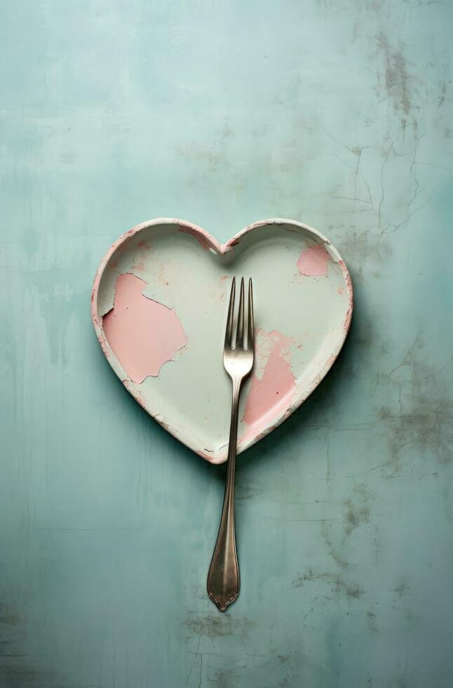ai gerado isto imagem revela uma prato com uma coração em forma garfo foto