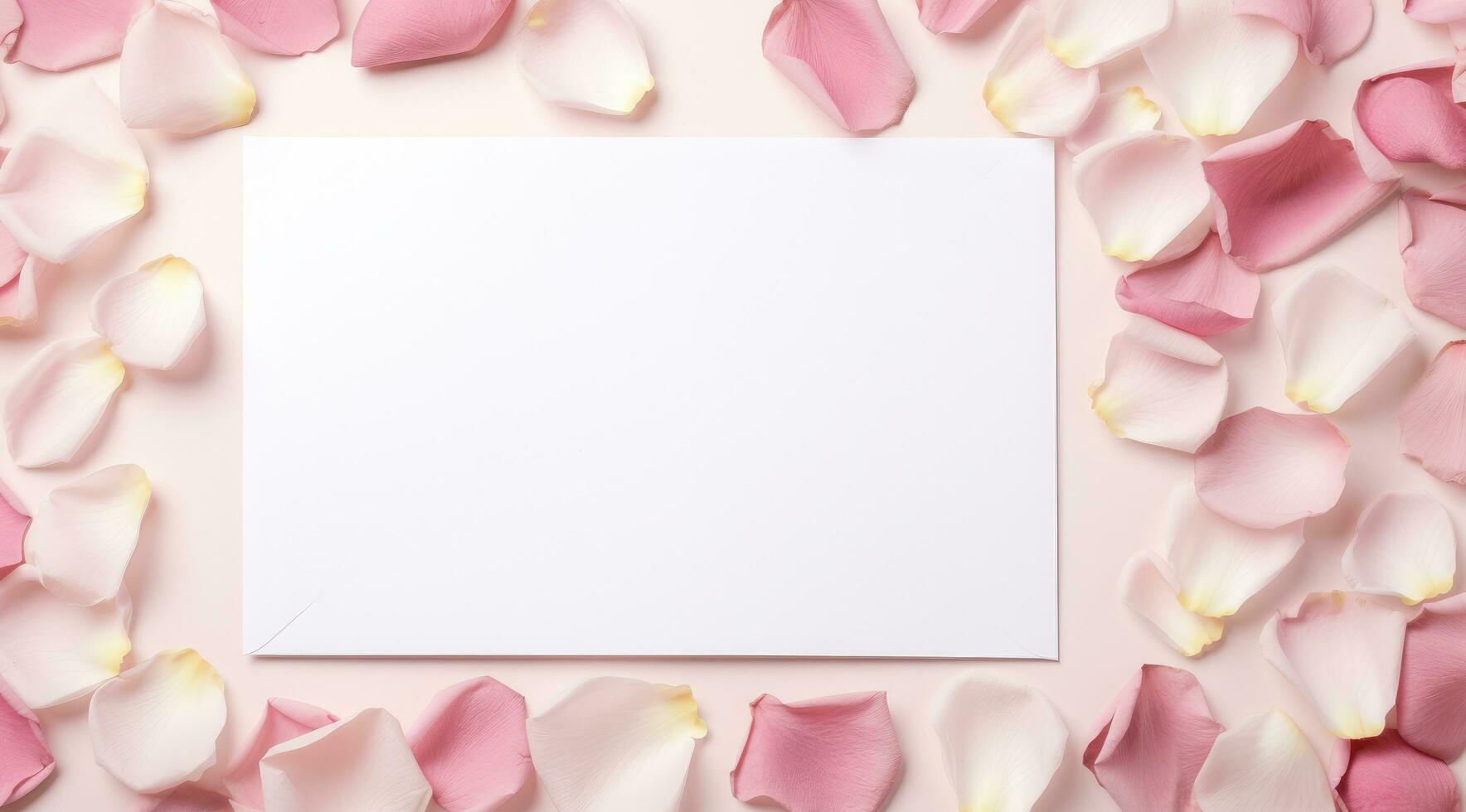 ai gerado a quadro, Armação cercado de Rosa rosa pétalas e alguns em branco espaço foto