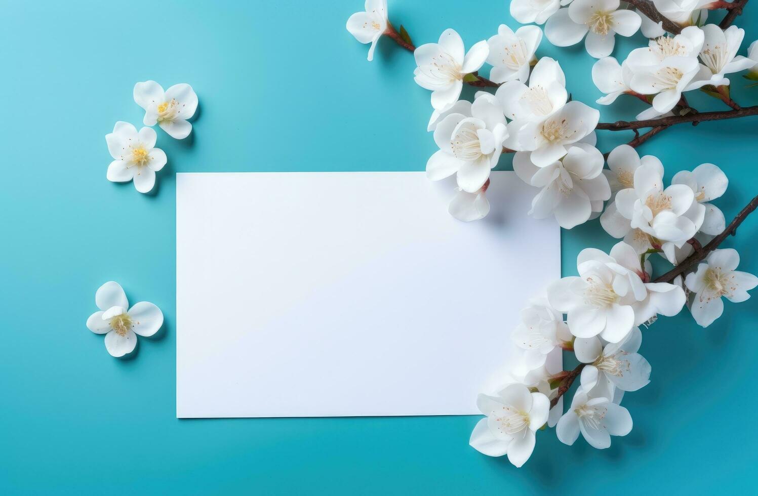 ai gerado branco convites cartões com flores em uma azul mesa foto