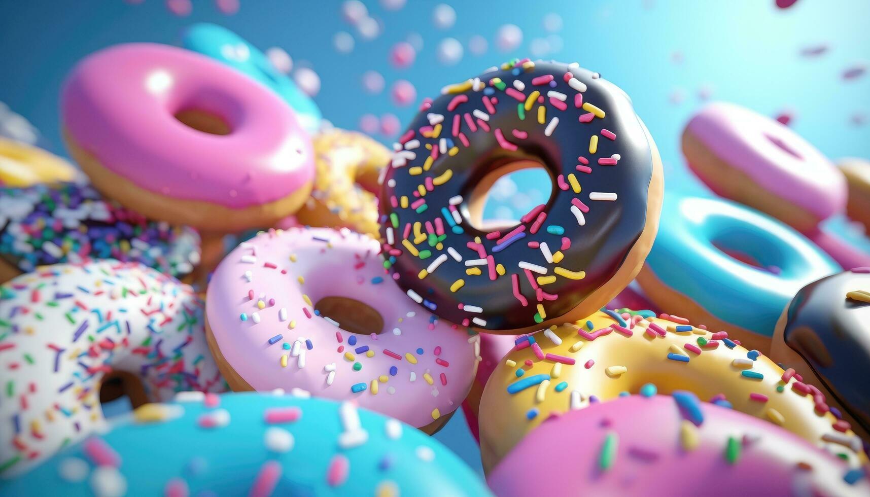 ai gerado vários colorida rosquinhas dentro a ar foto