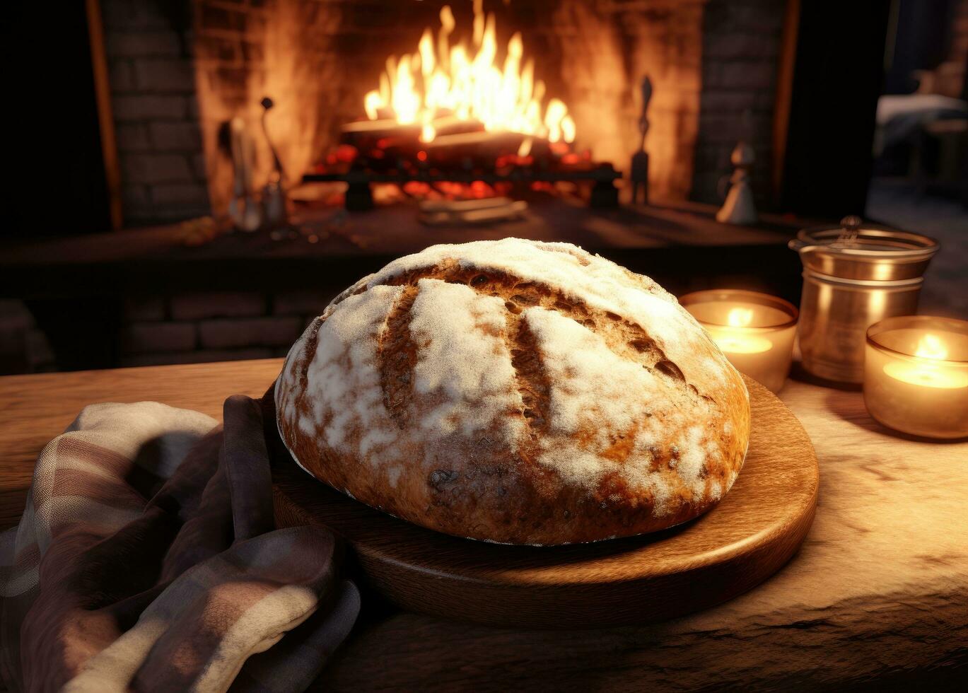 ai gerado uma Natal em forma pão em uma borda dentro frente do uma lareira foto