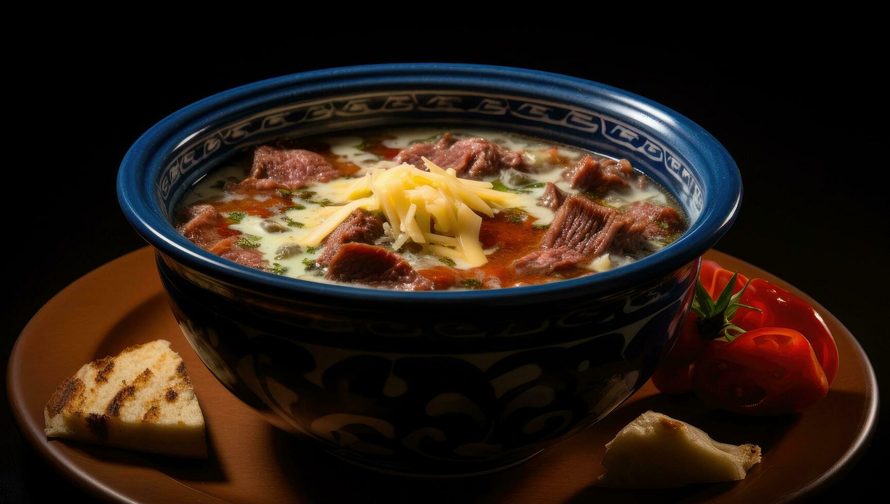 ai gerado uma tigela preenchidas com carne e cebola sopa foto