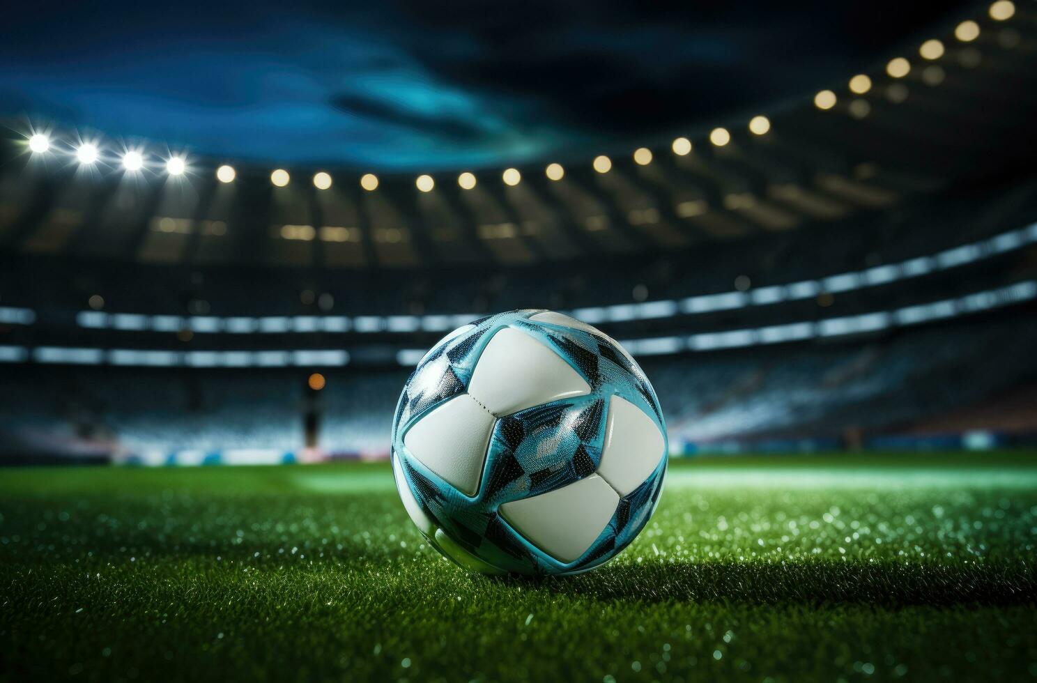 ai gerado uma futebol bola sentado dentro a Relva dentro uma futebol estádio foto