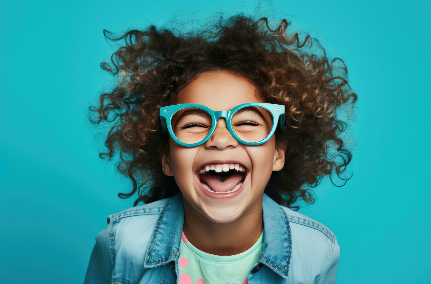 ai gerado uma menina detém dela óculos acima e sorrisos às a Câmera foto