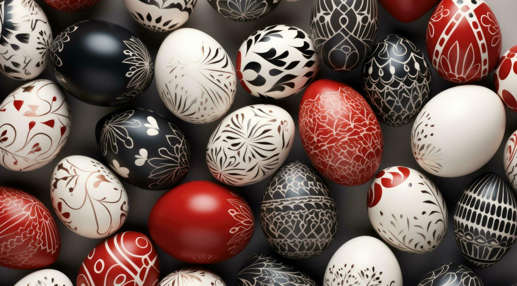 ai gerado uma grupo do decorativo esculpido branco, Preto e vermelho ovos foto