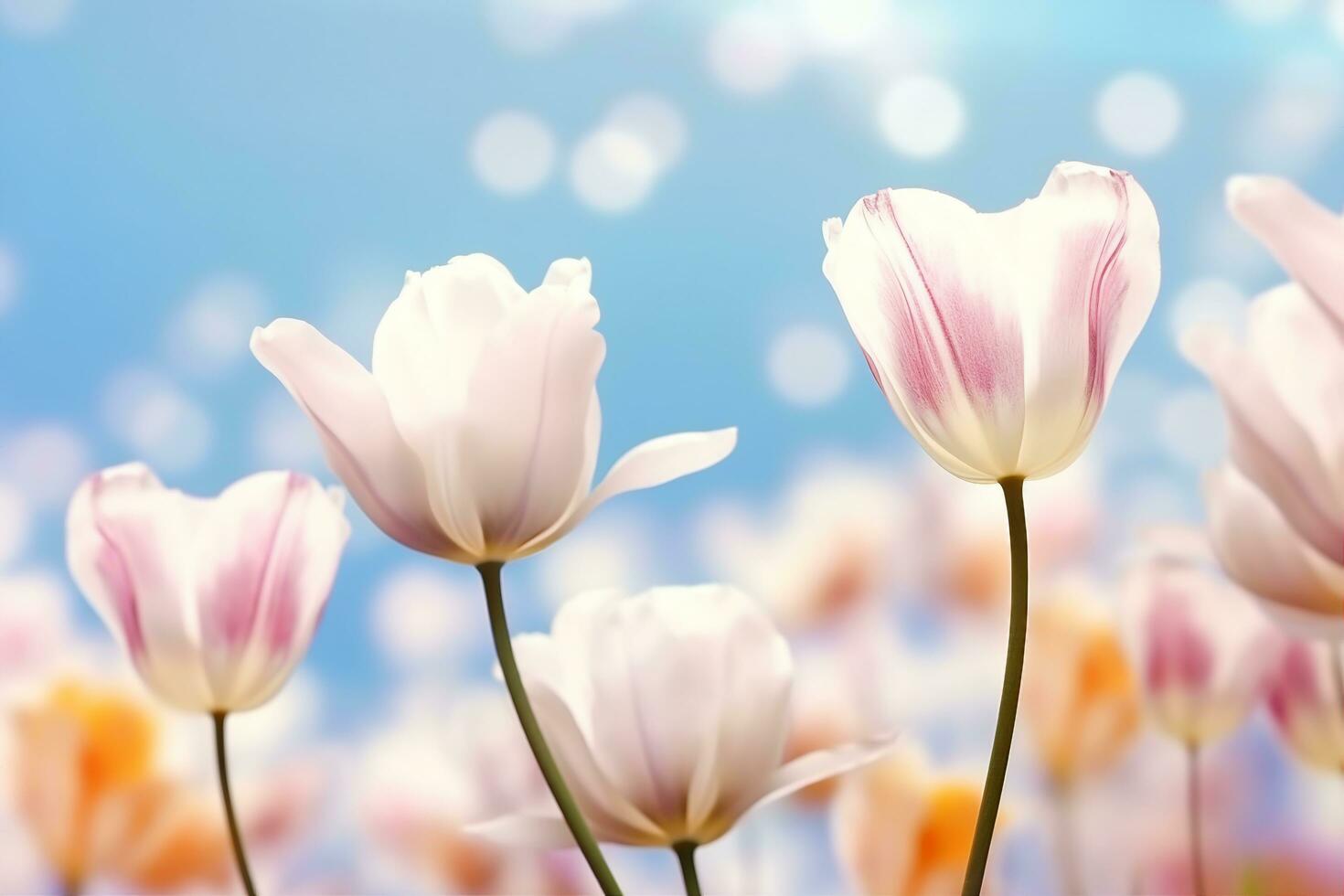 ai gerado lindo florescendo tulipa campo em abstrato azul céu dentro primavera, floral conceito. generativo ai. foto