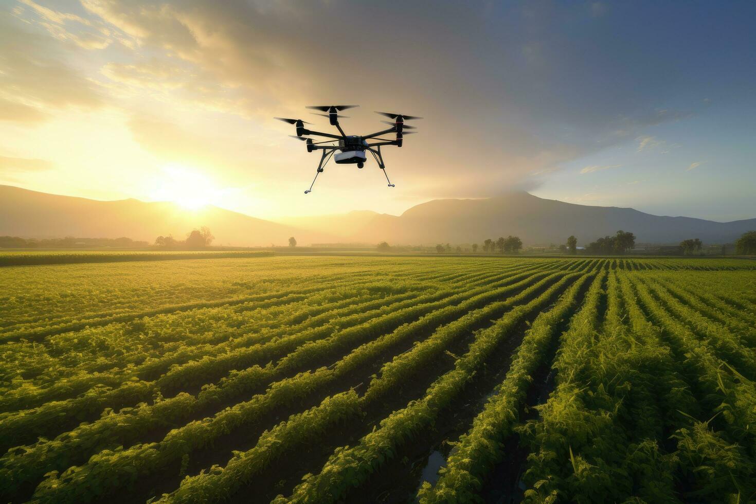 ai gerado zangão vôo sobre a agrícola campo às pôr do sol. 3d Renderização, zangão analisando agricultores' Campos durante nascer do sol, ai gerado foto