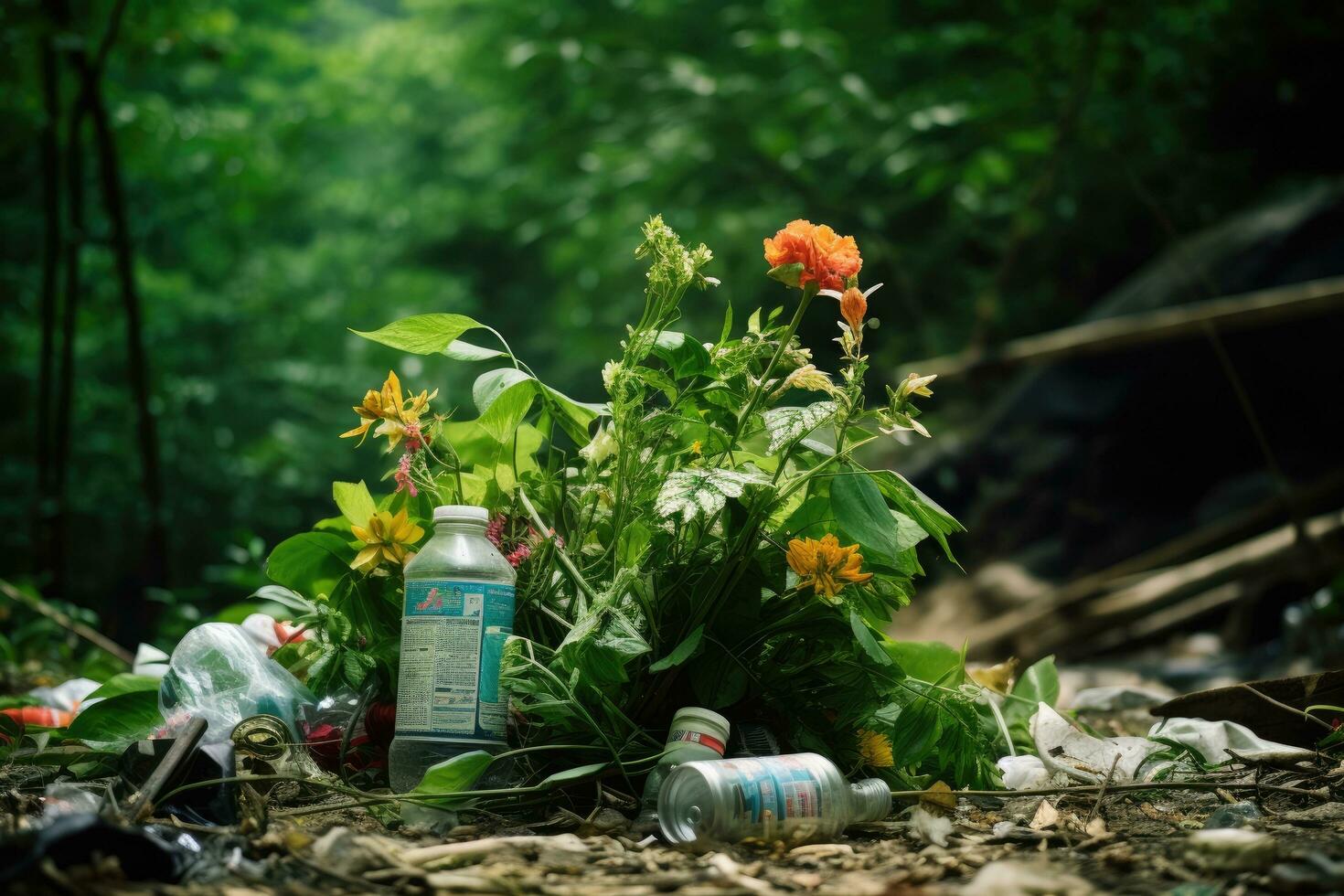 ai gerado plástico garrafas e Lixo em a terra dentro a floresta. de Meio Ambiente poluição conceito, lixo pilha dentro a floresta entre plantas, tóxico plástico para dentro natureza em todos os lugares, ai gerado foto