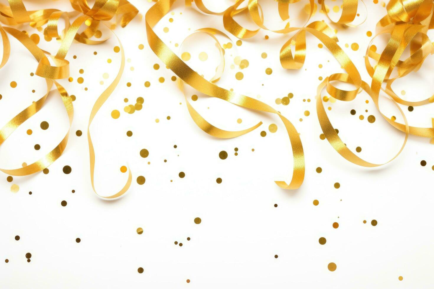 ai gerado dourado confete e fitas em uma branco fundo. festivo decoração, dourado confete e fitas em uma branco fundo, formando uma festivo pano de fundo, ai gerado foto